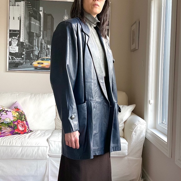 Leather navy blue blazer jacket - Picture 3 of 16